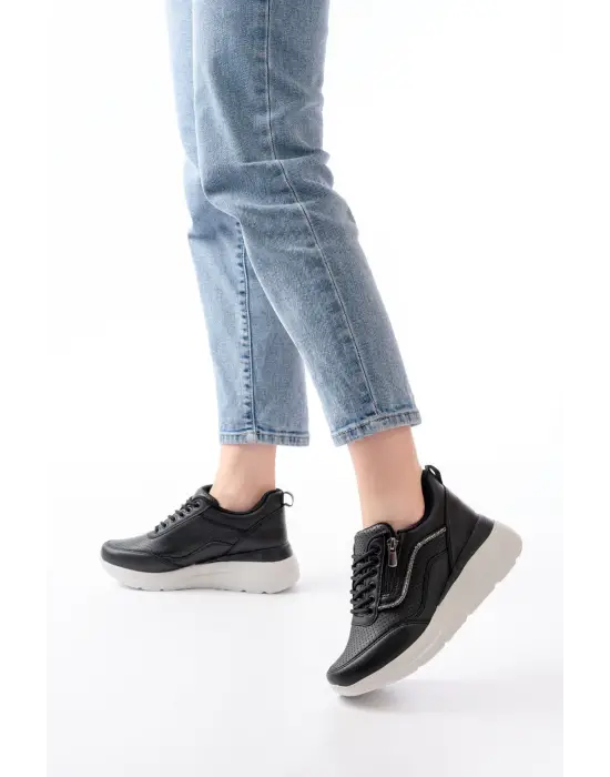 F-207 Siyah Bağcıklı Fermuarlı Taş Aksesuarlı Mevsimlik Spor Ayakkabı