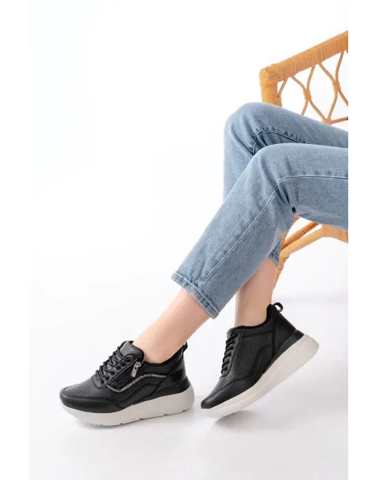 F-207 Siyah Bağcıklı Fermuarlı Taş Aksesuarlı Mevsimlik Spor Ayakkabı