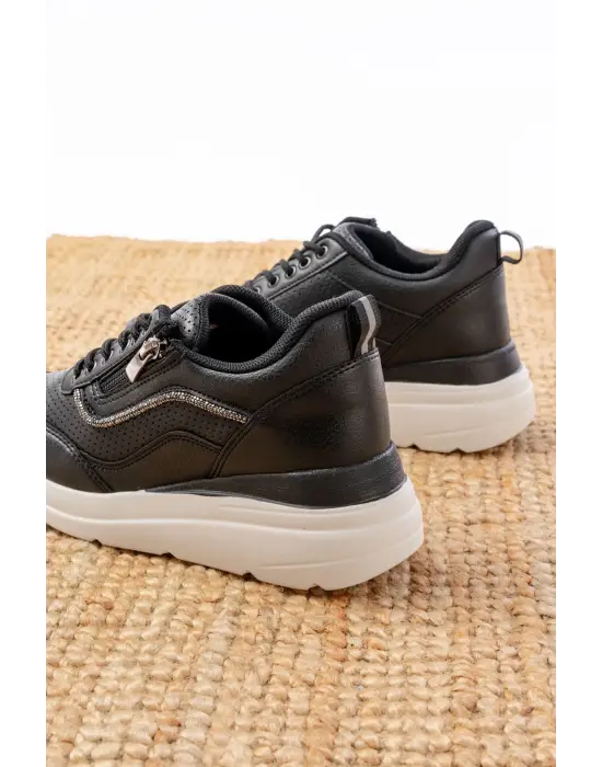 F-207 Siyah Bağcıklı Fermuarlı Taş Aksesuarlı Mevsimlik Spor Ayakkabı