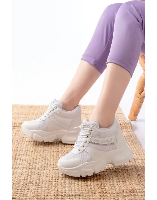 F-209 Beyaz Bağcıklı Fileli Taş Aksesuarlı Günlük Spor Ayakkabı