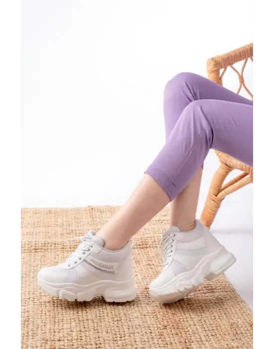 F-209 Beyaz Bağcıklı Fileli Taş Aksesuarlı Günlük Spor Ayakkabı