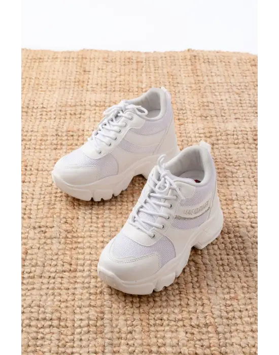 F-209 Beyaz Bağcıklı Fileli Taş Aksesuarlı Günlük Spor Ayakkabı