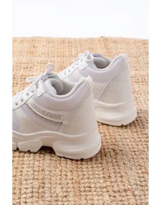 F-209 Beyaz Bağcıklı Fileli Taş Aksesuarlı Günlük Spor Ayakkabı
