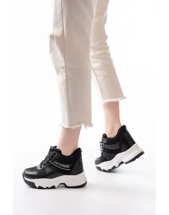 F-209 Siyah Bağcıklı Fileli Taş Aksesuarlı Günlük Spor Ayakkabı