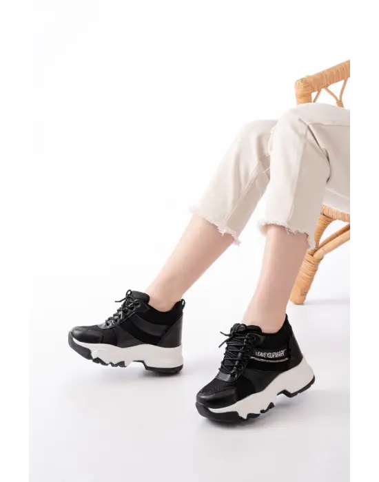 F-209 Siyah Bağcıklı Fileli Taş Aksesuarlı Günlük Spor Ayakkabı