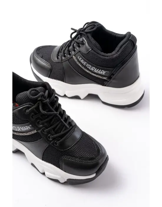 F-209 Siyah Bağcıklı Fileli Taş Aksesuarlı Günlük Spor Ayakkabı