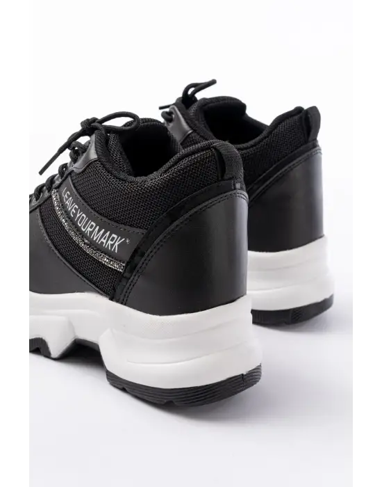 F-209 Siyah Bağcıklı Fileli Taş Aksesuarlı Günlük Spor Ayakkabı