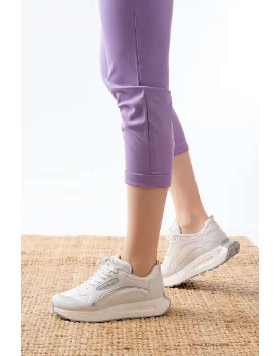 F-307 Beyaz Bağcıklı Saten Taş Aksesuarlı Günlük Spor Ayakkabı