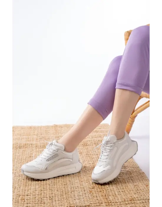 F-307 Beyaz Bağcıklı Saten Taş Aksesuarlı Günlük Spor Ayakkabı