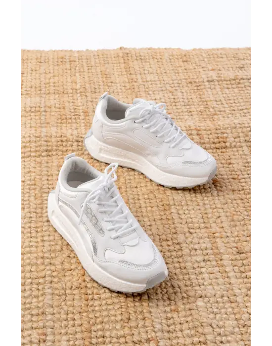 F-307 Beyaz Bağcıklı Saten Taş Aksesuarlı Günlük Spor Ayakkabı