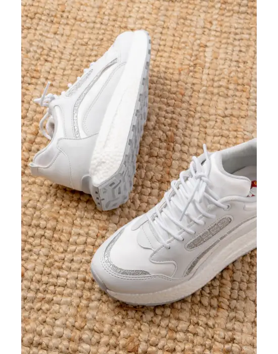 F-307 Beyaz Bağcıklı Saten Taş Aksesuarlı Günlük Spor Ayakkabı