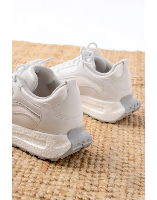 F-307 Beyaz Bağcıklı Saten Taş Aksesuarlı Günlük Spor Ayakkabı