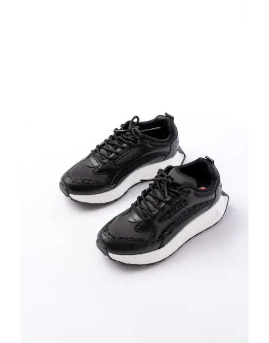 F-307 Siyah Bağcıklı Saten Taş Aksesuarlı Günlük Spor Ayakkabı