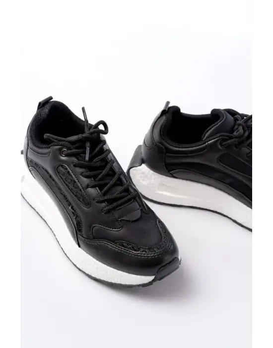 F-307 Siyah Bağcıklı Saten Taş Aksesuarlı Günlük Spor Ayakkabı