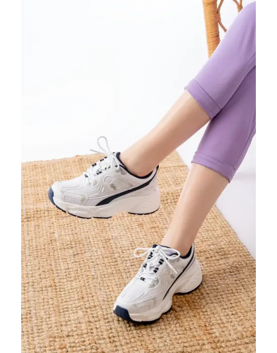 F-329 Beyaz Günlük Bağcıklı Lacivert Desenli Yazlık Spor Ayakkabı