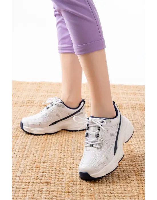 F-329 Beyaz Günlük Bağcıklı Lacivert Desenli Yazlık Spor Ayakkabı