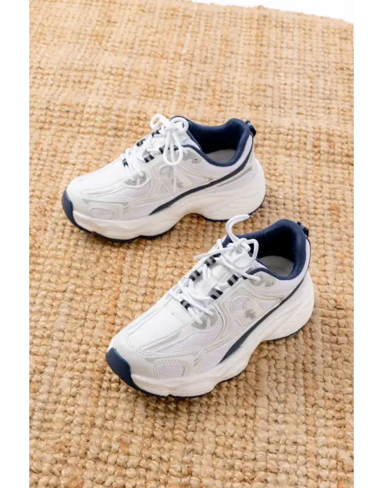 F-329 Beyaz Günlük Bağcıklı Lacivert Desenli Yazlık Spor Ayakkabı