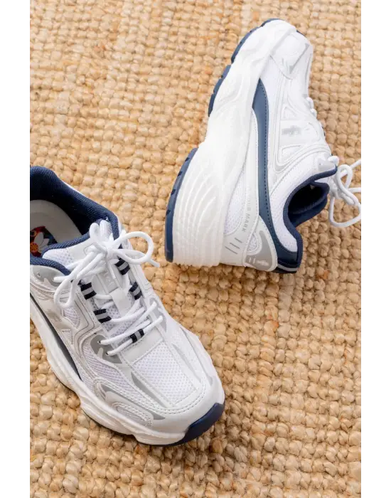 F-329 Beyaz Günlük Bağcıklı Lacivert Desenli Yazlık Spor Ayakkabı