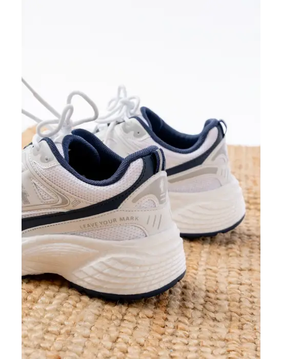 F-329 Beyaz Günlük Bağcıklı Lacivert Desenli Yazlık Spor Ayakkabı