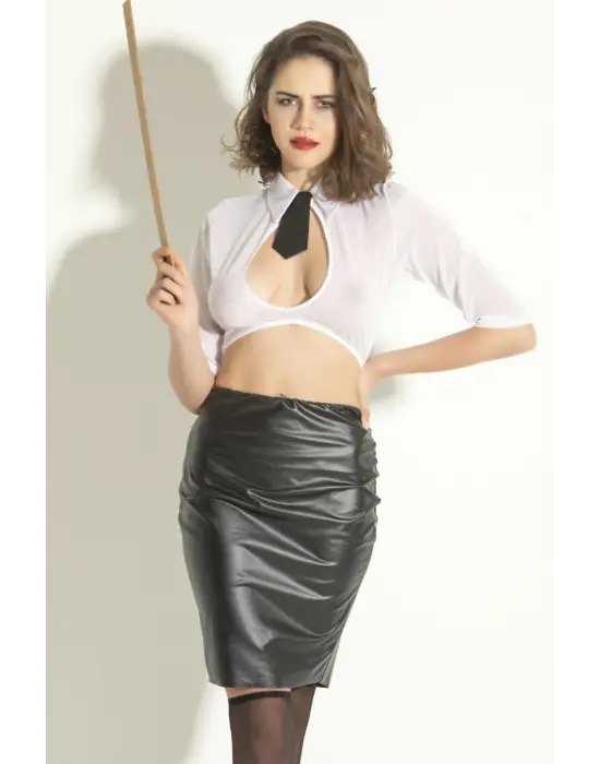 Fantazi Kadın Kostümü, Transparan File Üst, Deri Etekli Takım Ve Çorap, Kadın Gecelik