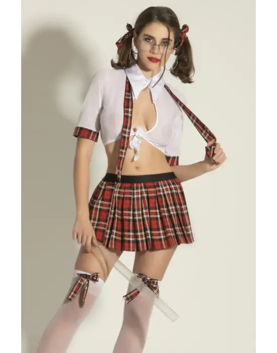 Fantezi Okul Kız Kostümü 5li Set - Transparan Gömlek, Mini Etek, Çorap Ve Kravat,toklar