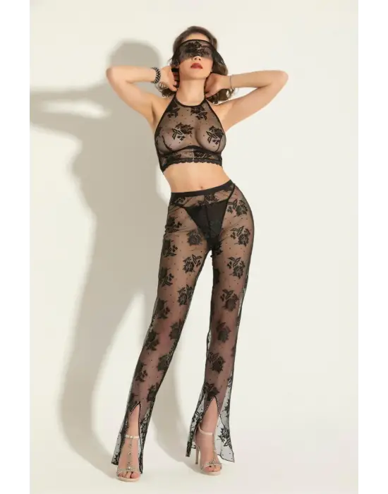 Fantezi Transparan Bralet Pantolon Takım Siyah