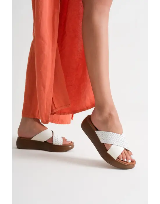 Fayn Beyaz Hakiki Deri Terlik