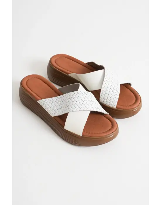 Fayn Beyaz Hakiki Deri Terlik