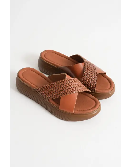 Fayn Taba Örgü Desenli Hakiki Deri Terlik