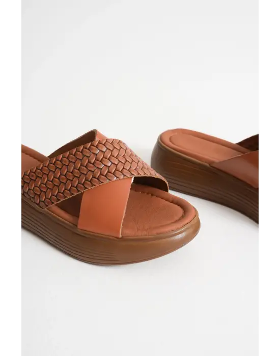 Fayn Taba Örgü Desenli Hakiki Deri Terlik