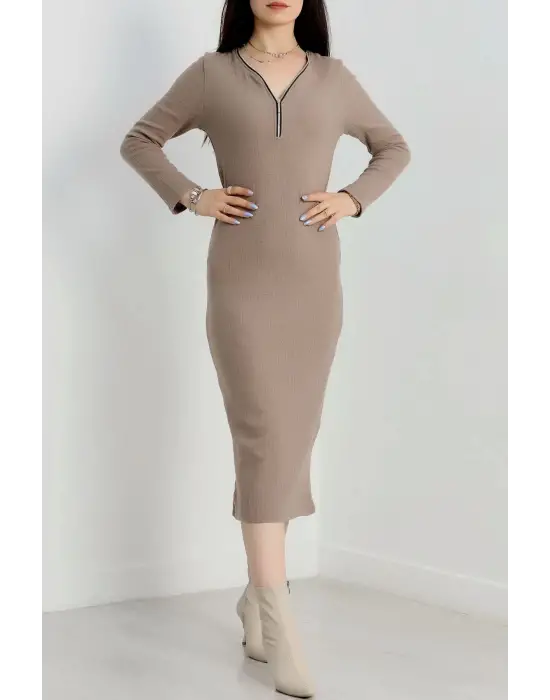 Fermuar Detaylı Fitilli Şardonlu Elbise Bej A3178
