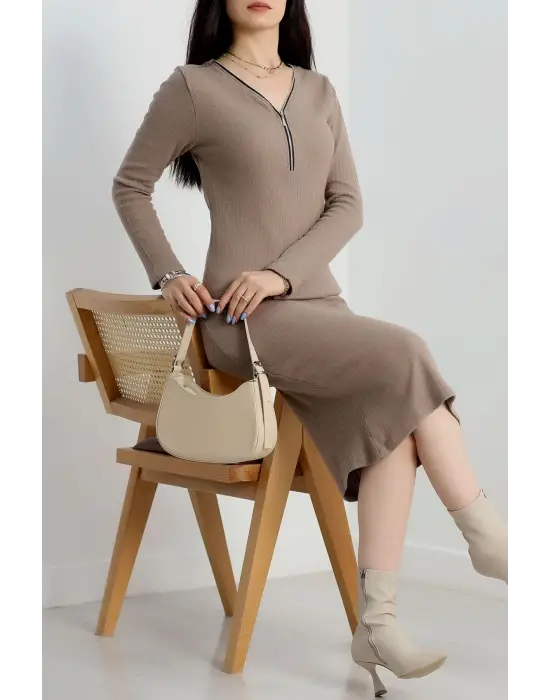 Fermuar Detaylı Fitilli Şardonlu Elbise Bej A3178