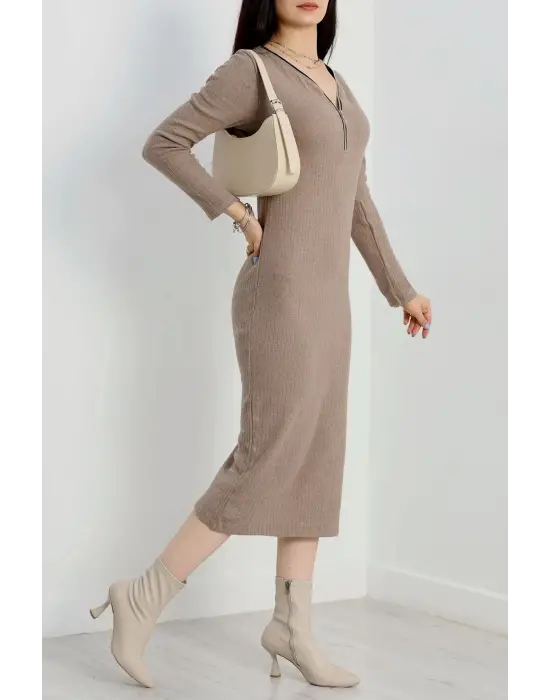 Fermuar Detaylı Fitilli Şardonlu Elbise Bej A3178
