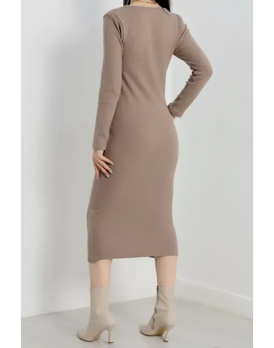 Fermuar Detaylı Fitilli Şardonlu Elbise Bej A3178