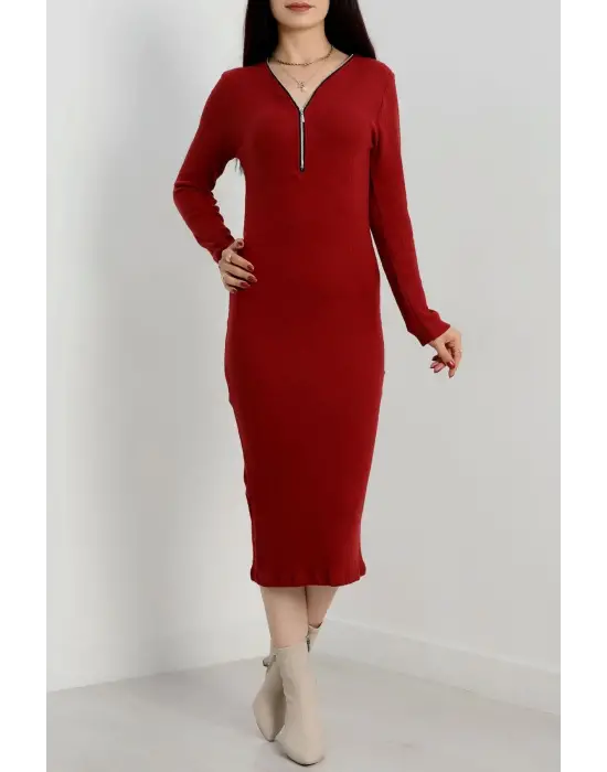 Fermuar Detaylı Fitilli Şardonlu Elbise Bordo A3178