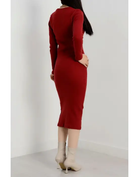 Fermuar Detaylı Fitilli Şardonlu Elbise Bordo A3178