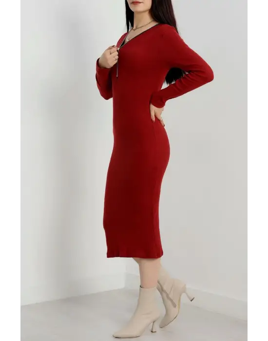 Fermuar Detaylı Fitilli Şardonlu Elbise Bordo A3178