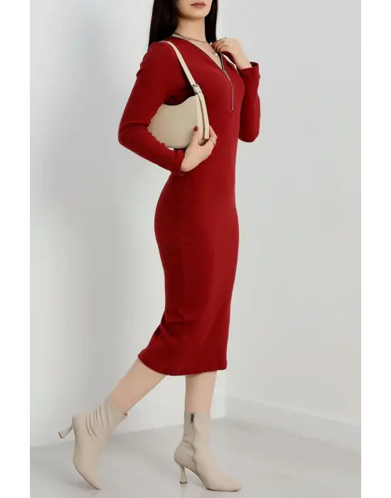 Fermuar Detaylı Fitilli Şardonlu Elbise Bordo A3178