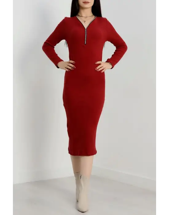 Fermuar Detaylı Fitilli Şardonlu Elbise Bordo A3178