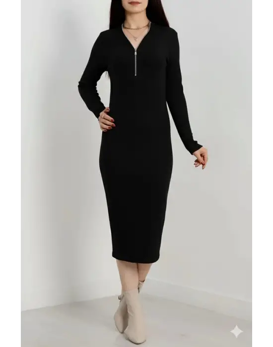 Fermuar Detaylı Fitilli Şardonlu Elbise Siyah A3178