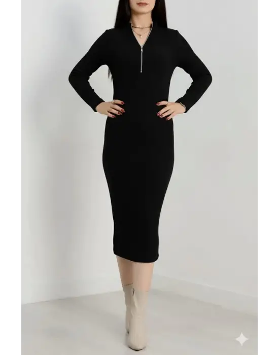 Fermuar Detaylı Fitilli Şardonlu Elbise Siyah A3178