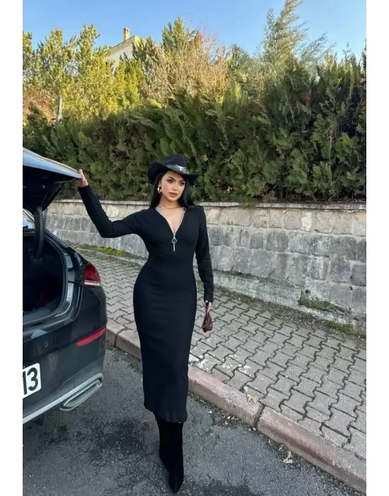 Fermuar Detaylı Fitilli Şardonlu Elbise Siyah A3178