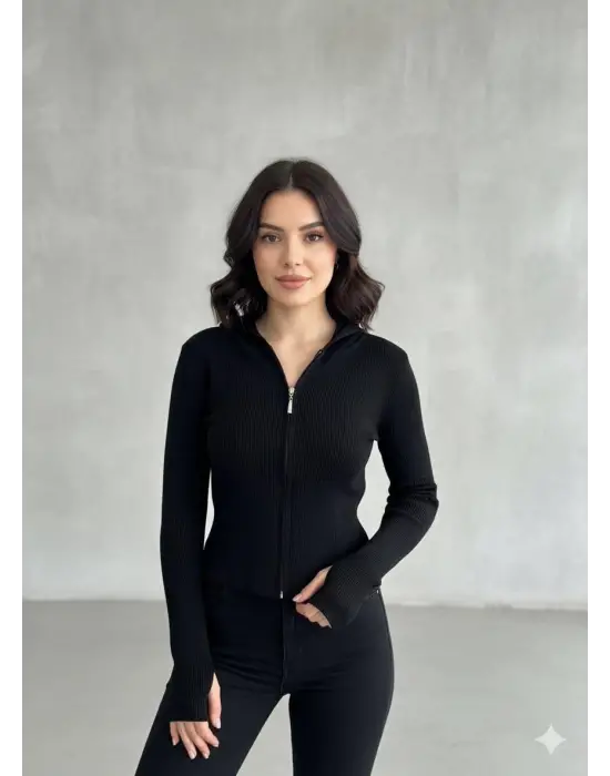 Fermuarlı Kapşonlu Parmak Geçmeli Hırka Kaşkorse A3898