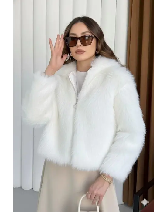 Fermuarlı Kısa Kürk Beyaz T7746