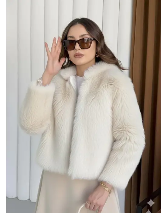 Fermuarlı Kısa Kürk Siyah Ekru T7746