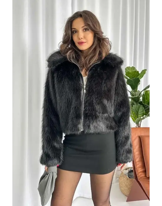 Fermuarlı Kısa Kürk Siyah T7746