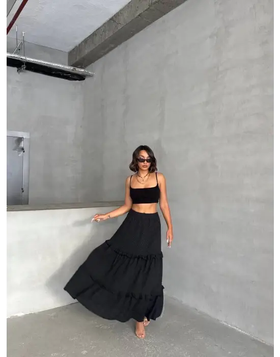 Fırfırlı Brodeli Astarlı Uzun Etek Siyah S255047
