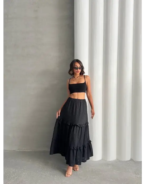 Fırfırlı Brodeli Astarlı Uzun Etek Siyah S255047