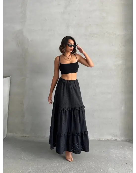 Fırfırlı Brodeli Astarlı Uzun Etek Siyah S255047