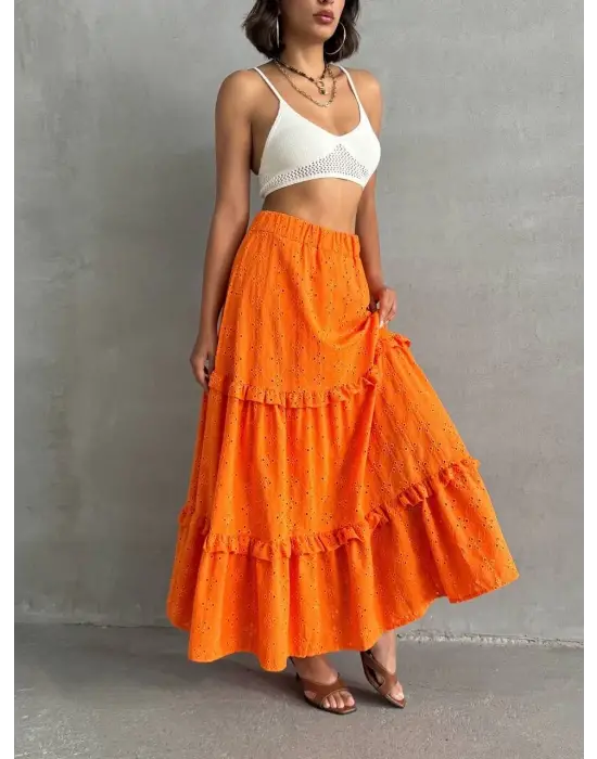Fırfırlı Brodeli Astarlı Uzun Etek Turuncu S255047